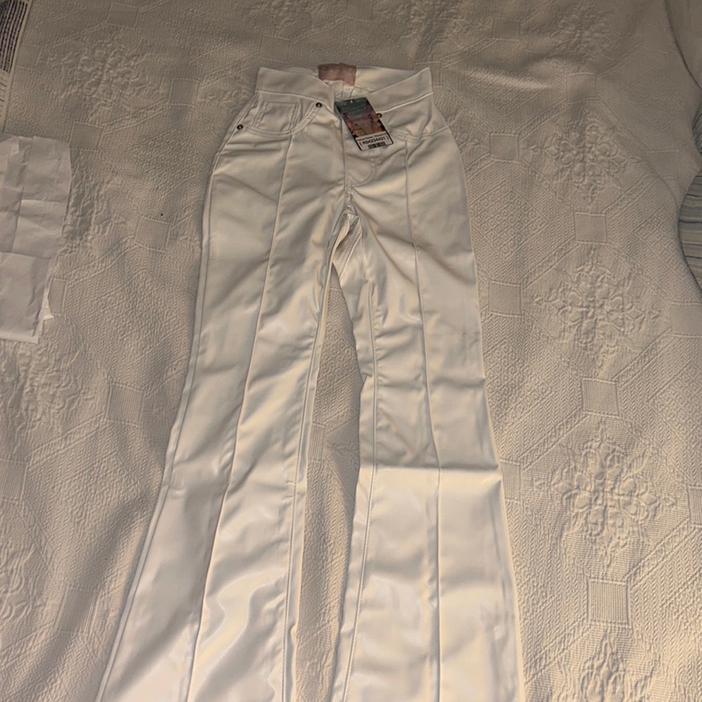 Revise denim, leather flare pants